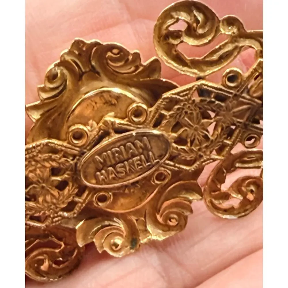 Miriam Haskell Faux Pearl, Russian Gilt Filigree Brooch Signed